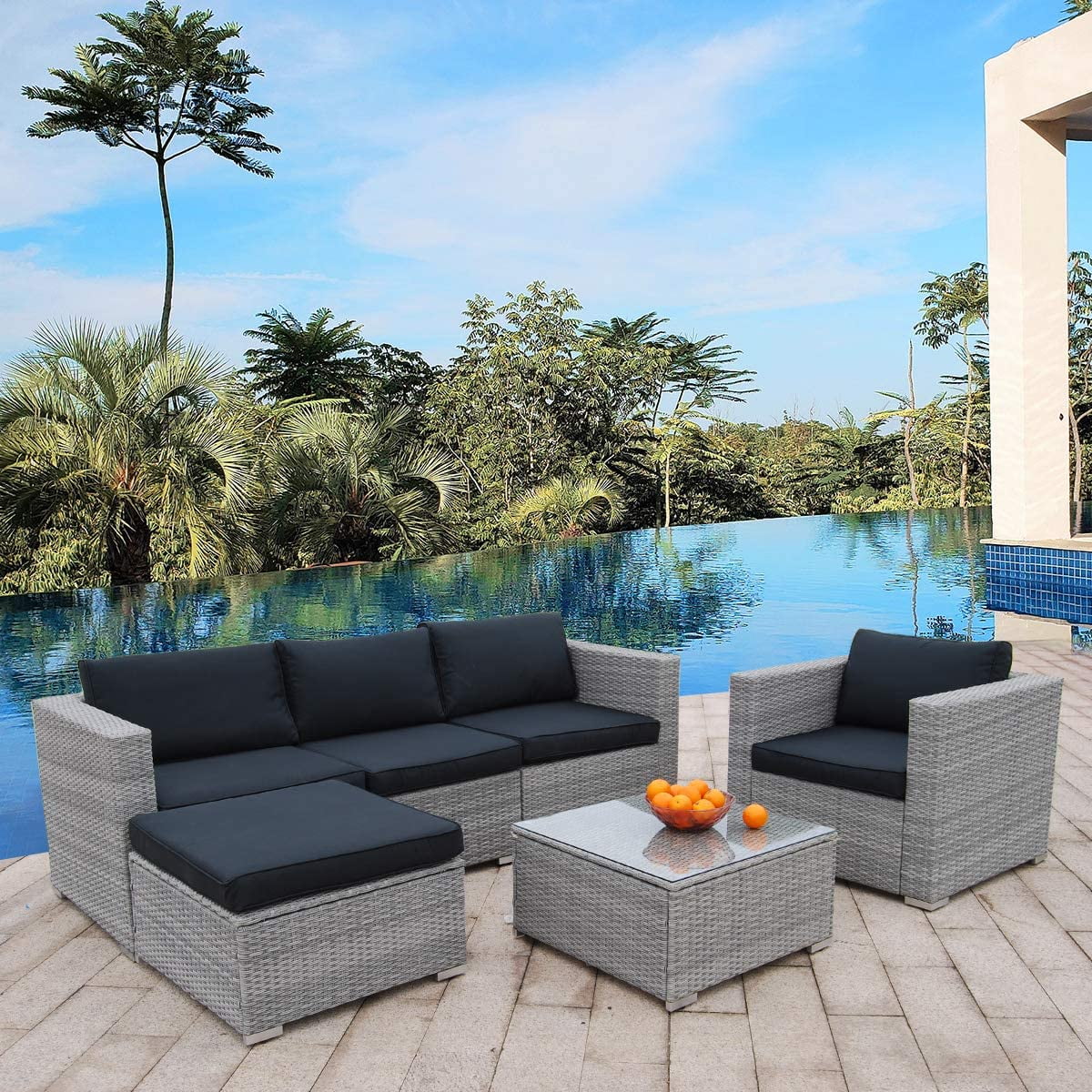 6 Pieces PE Rattan Wicker Outdoor Sofa Conversation Set with Cushions F98478
