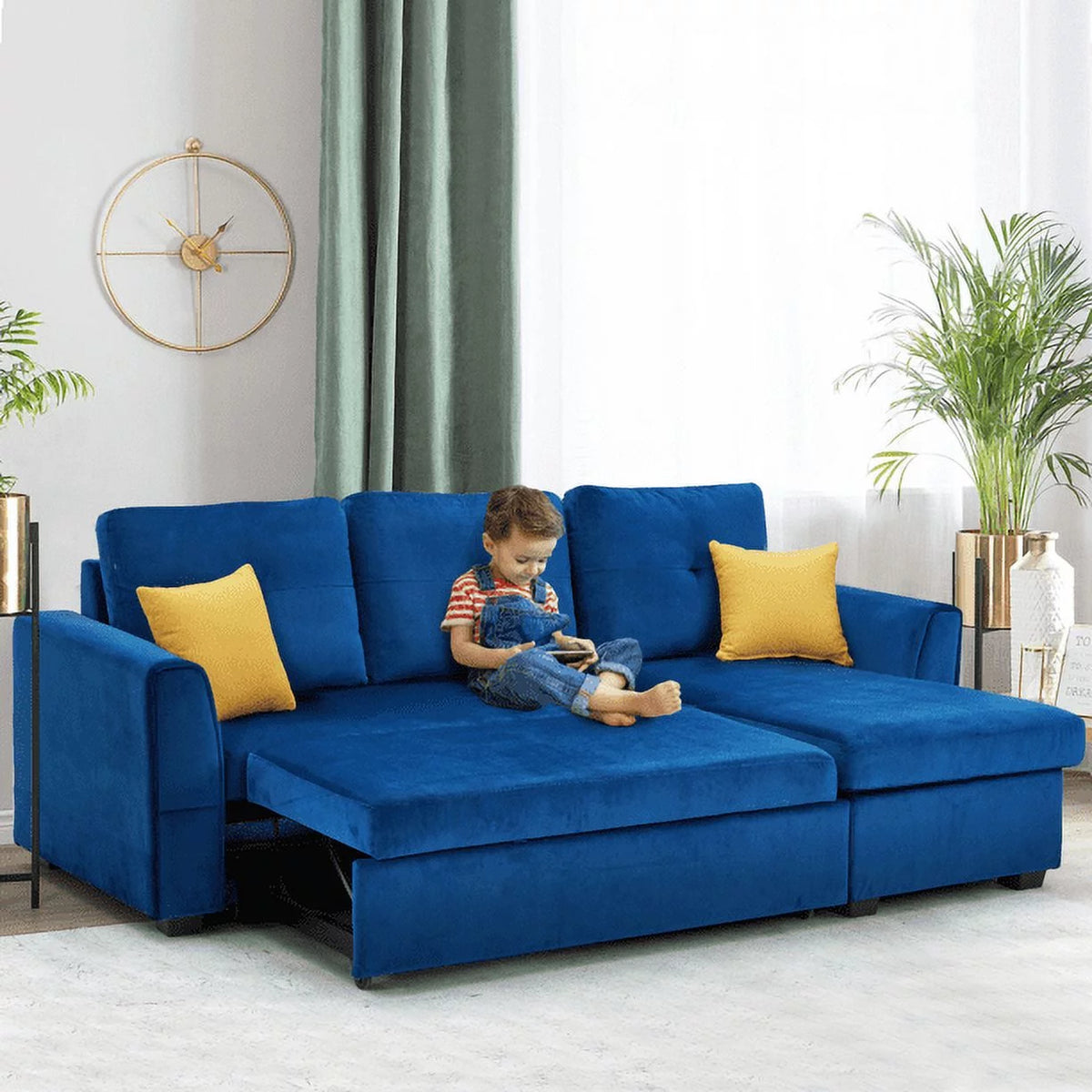 Blue Flannel L-Shaped Sleeper Sofa with Storage Ottoman F2746