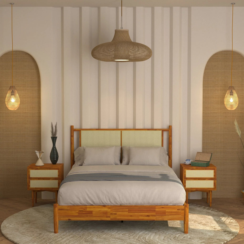 47" Queen Platform Bed Frame with Rattan Headboard G73008