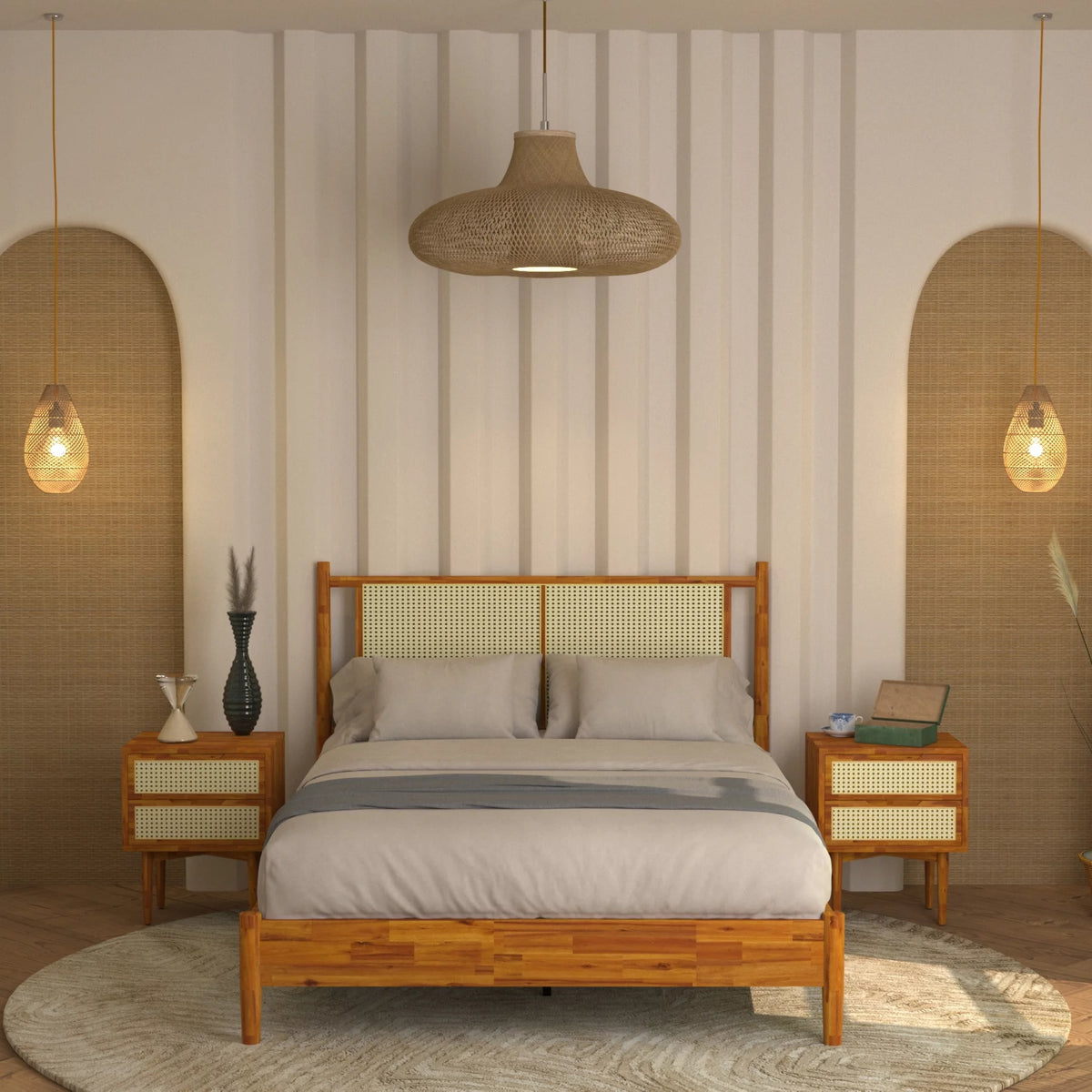 47" Queen Platform Bed Frame with Rattan Headboard G73008