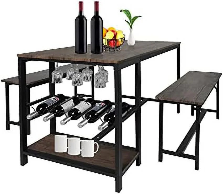 Dining Table Set 4 with 2 Benches 3-Piece Wood Rustic Brown & Black B4934