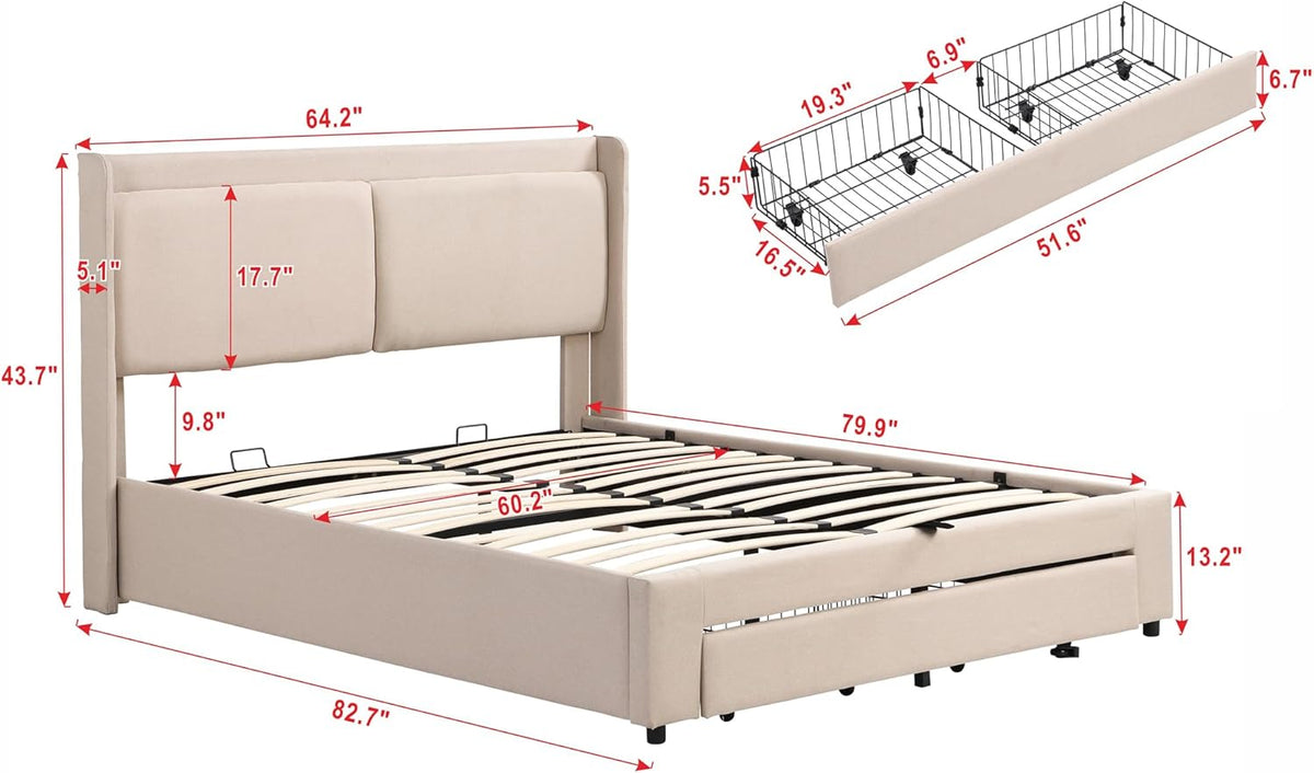 Beige Queen Size Platform Bed Frame with Lift Up Storage and 2 Drawers G356411