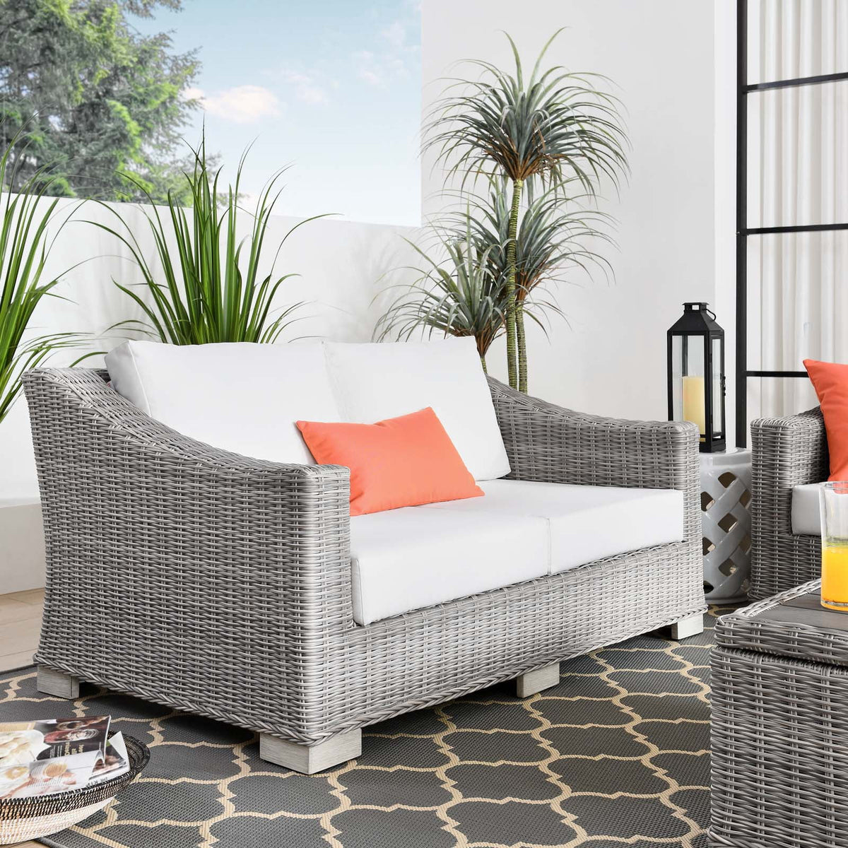 Light Grey Rattan Loveseat Sofa B977