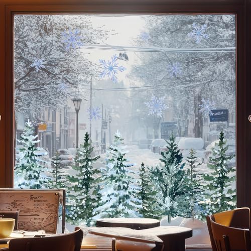 9 Sheet Christmas Window Clings Snowy Forest Trees Double-Sided Reusable Winter Window Decals G639