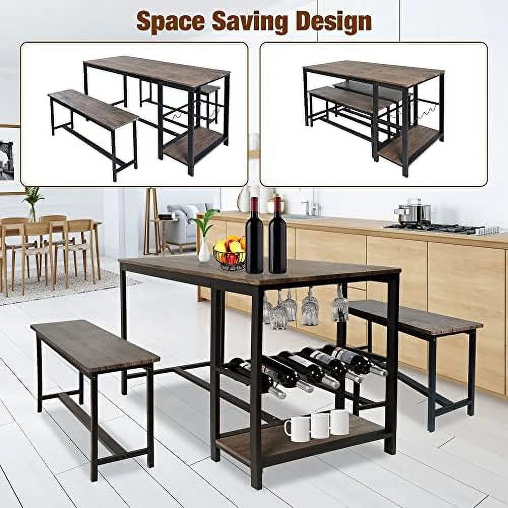 Dining Table Set 4 with 2 Benches 3-Piece Wood Rustic Brown & Black B4934