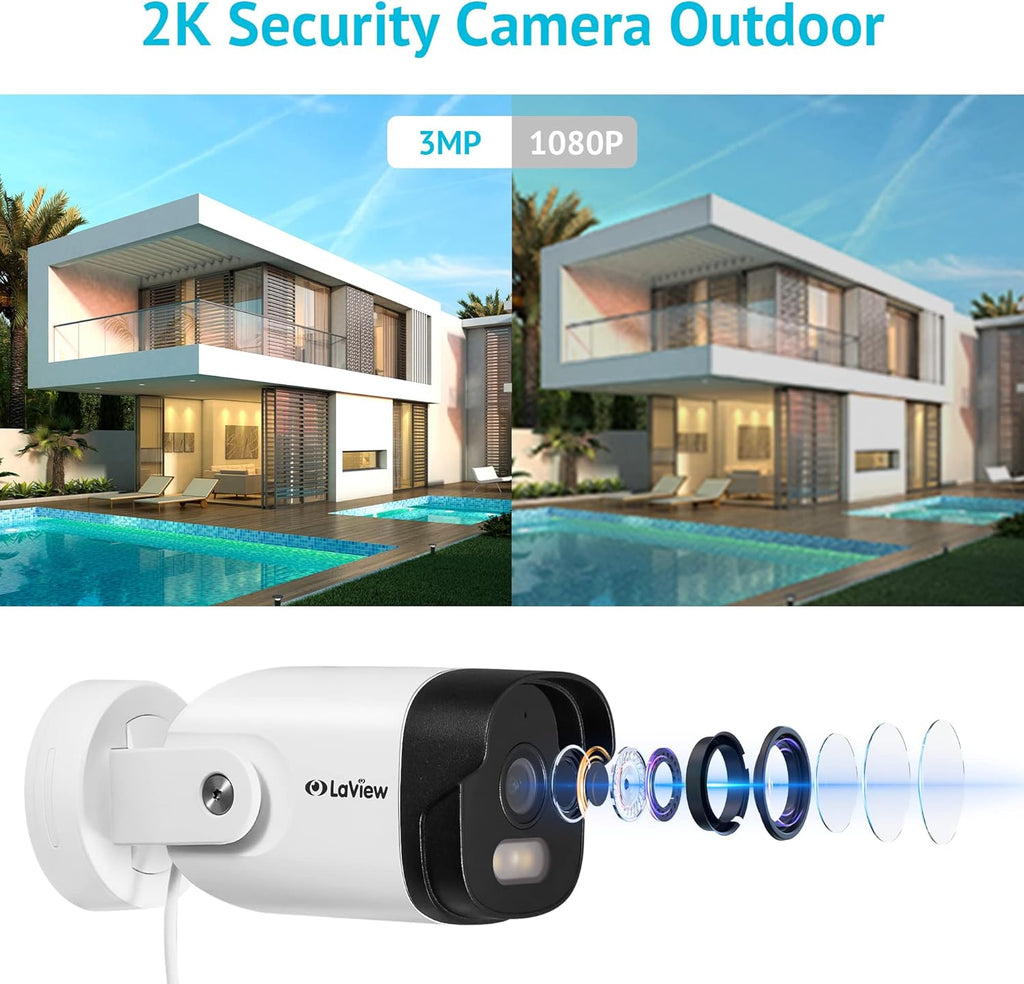 2K Wired Outdoor Security Camera with Color Night Vision, IP66 Waterproof, 2 Way Audio, Cloud Storage/SD Slot (3pcs) H1918
