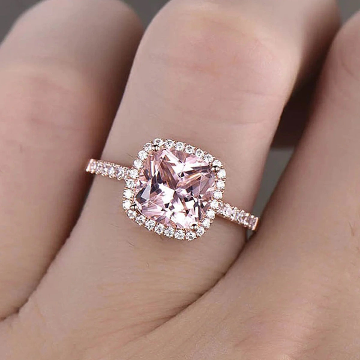 10mm 4.75 Carat Cushion Cut Pink Morganite 10k Rose Gold Halo Engagement Ring C64160