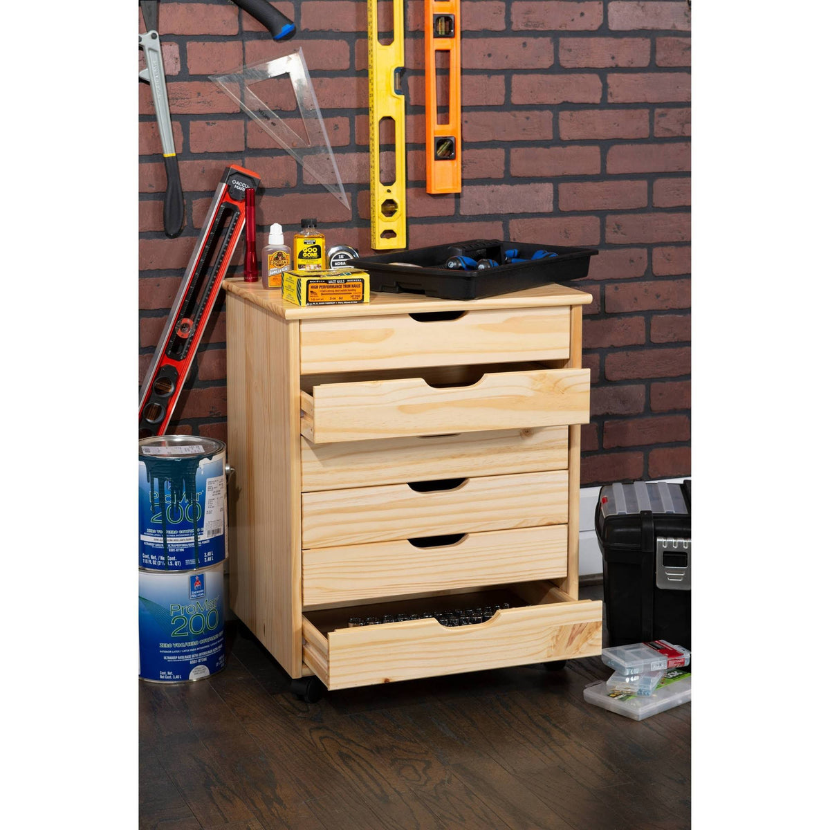 Natural Linon Six Drawer Wide Roll Cart A9794