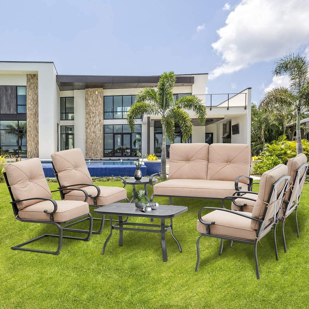 7-Piece Brown Metal Patio Conversation Set Y30417