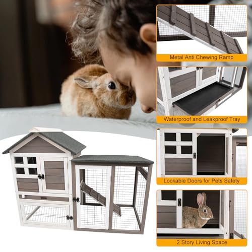Grey 2-Story Fir Wood Rabbit Hutch with Pull Out Tray G777