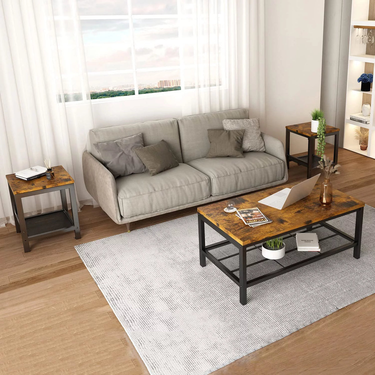 3 Pieces Industrial Coffee Table Set with Metal Frame C650