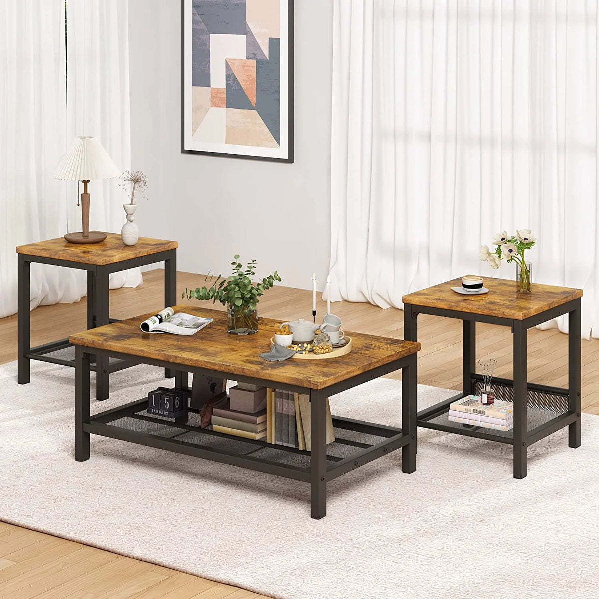 3 Pieces Industrial Coffee Table Set with Metal Frame C650