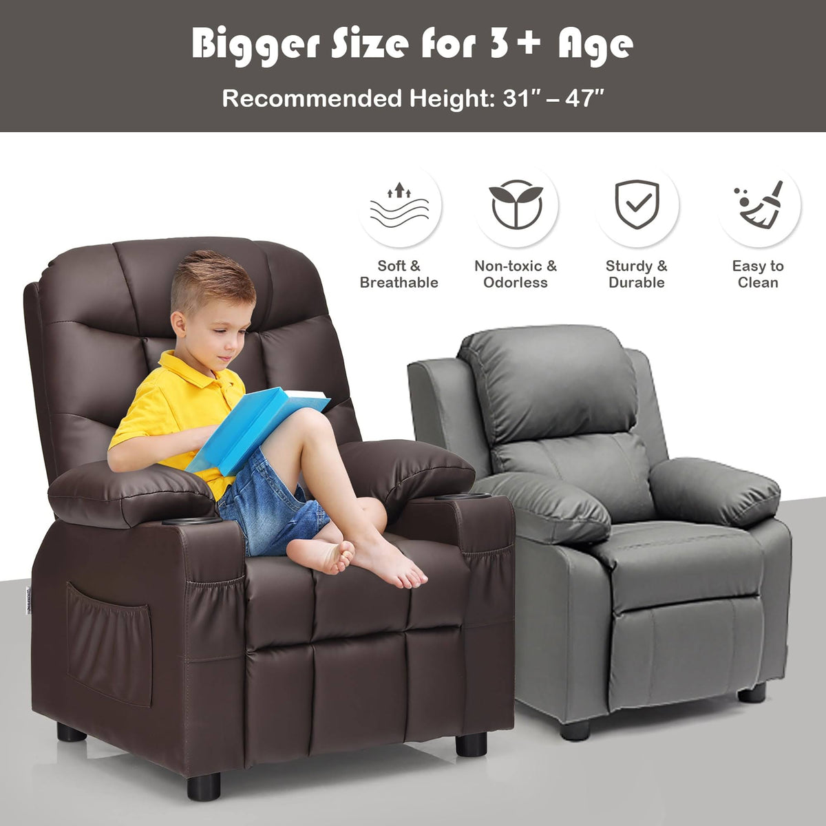Blue PU Leather Kids Recliner Chair with Cup Holders Q84454