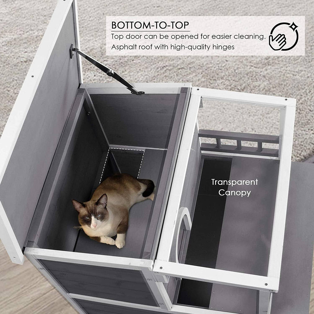 2-Story Weatherproof Wooden Cat Shelter House with Transparent PVC Canopy W246