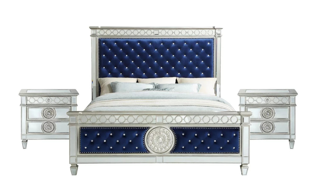 Blue Velvet Mirrored Eastern King Bed Bedroom Set Z33672