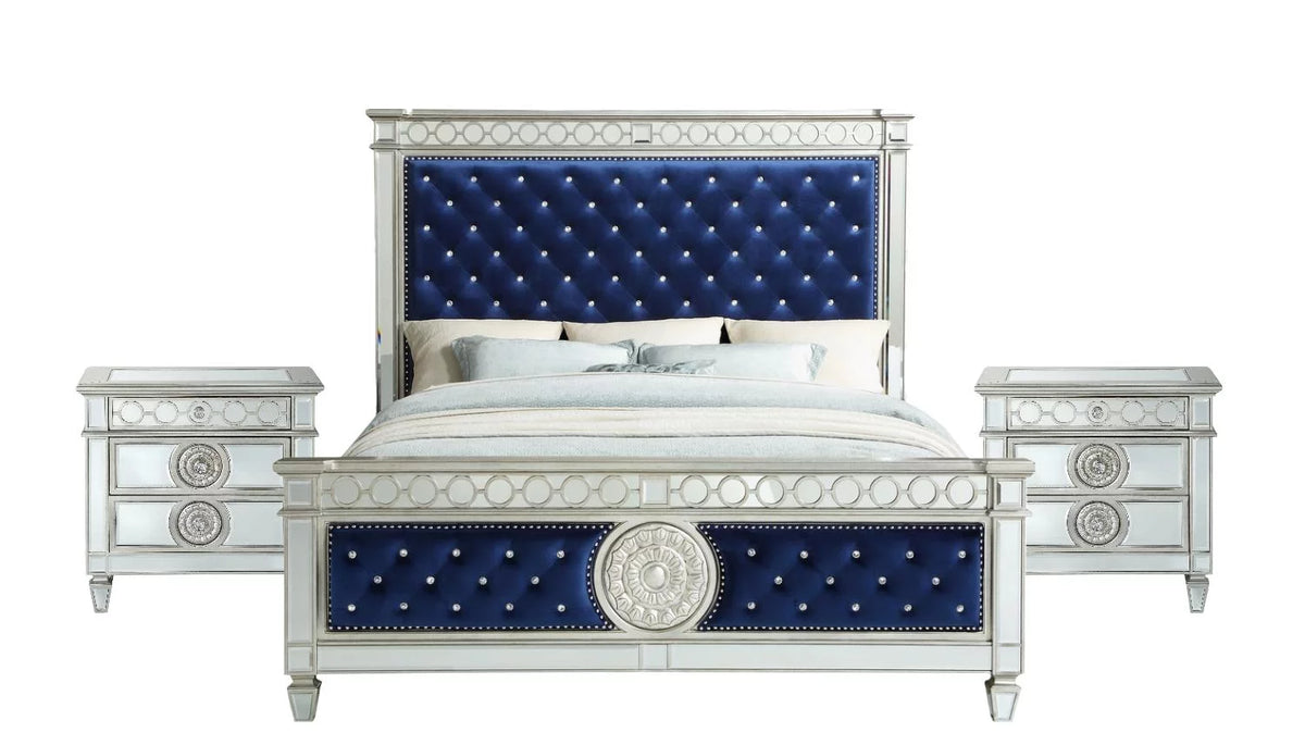 Blue Velvet Mirrored Eastern King Bed Bedroom Set Z33672