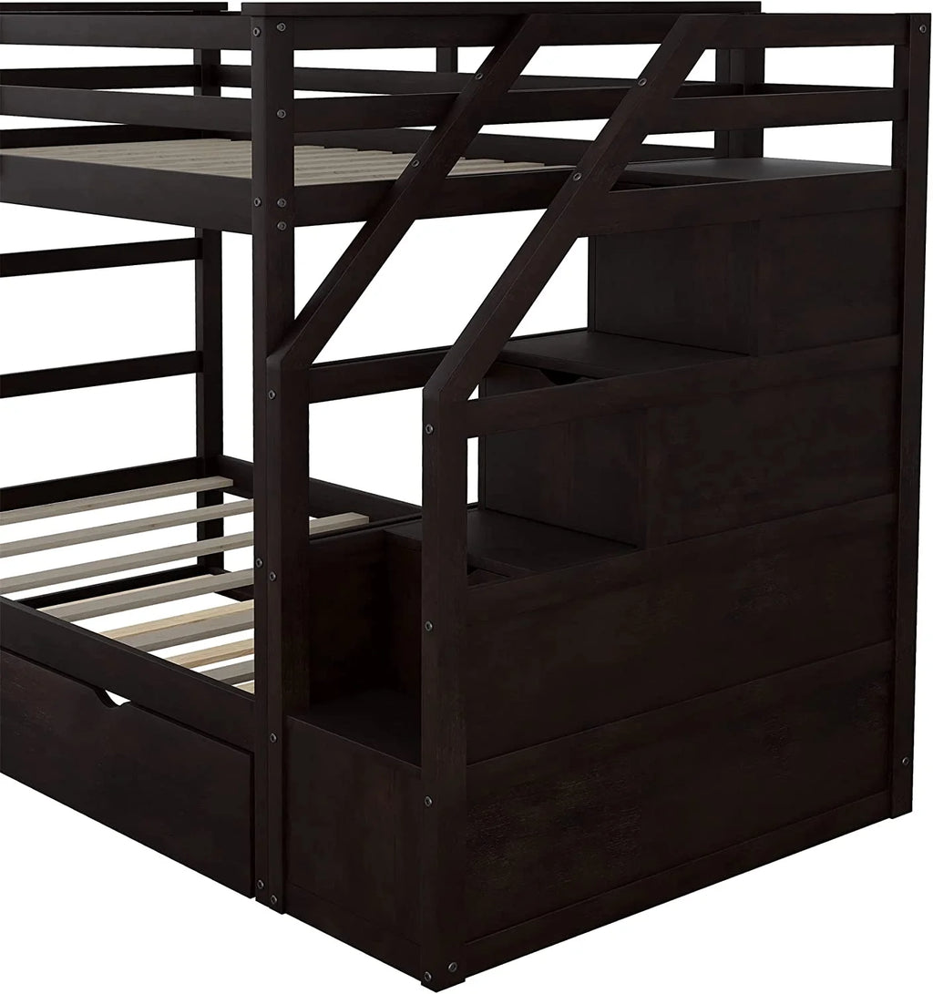 Espresso Wooden Over Bunk Bed with Trundle and 3 Storage Stairs Y7010