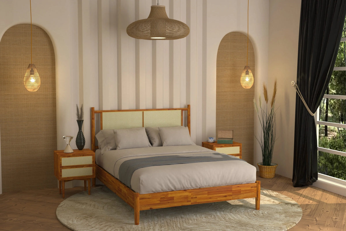 47" Queen Platform Bed Frame with Rattan Headboard G73008
