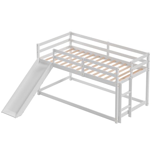White Twin Wood Bunk Bed with Slide and Ladder J231279