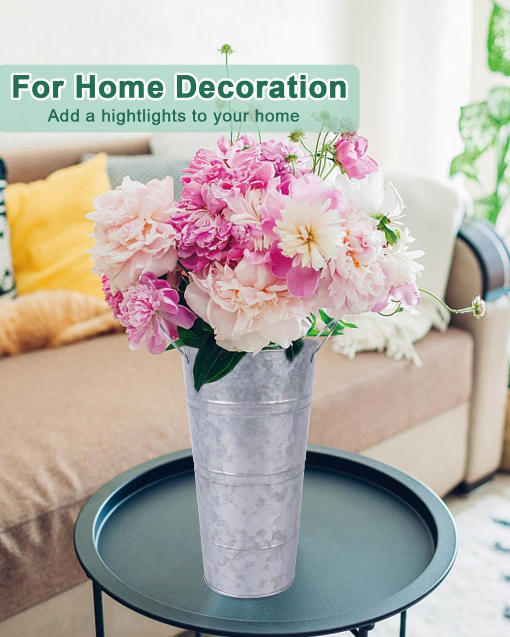 2 Pcs White and 2 Pcs Silver Galvanized Metal Vases with Handles Q754
