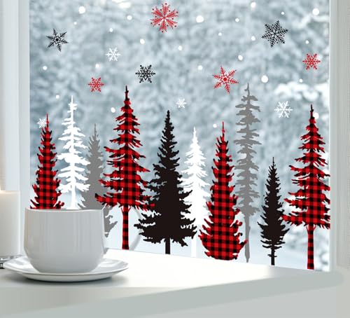 9 Sheet Christmas Window Clings Snowy Forest Trees Double-Sided Reusable Winter Window Decals G639