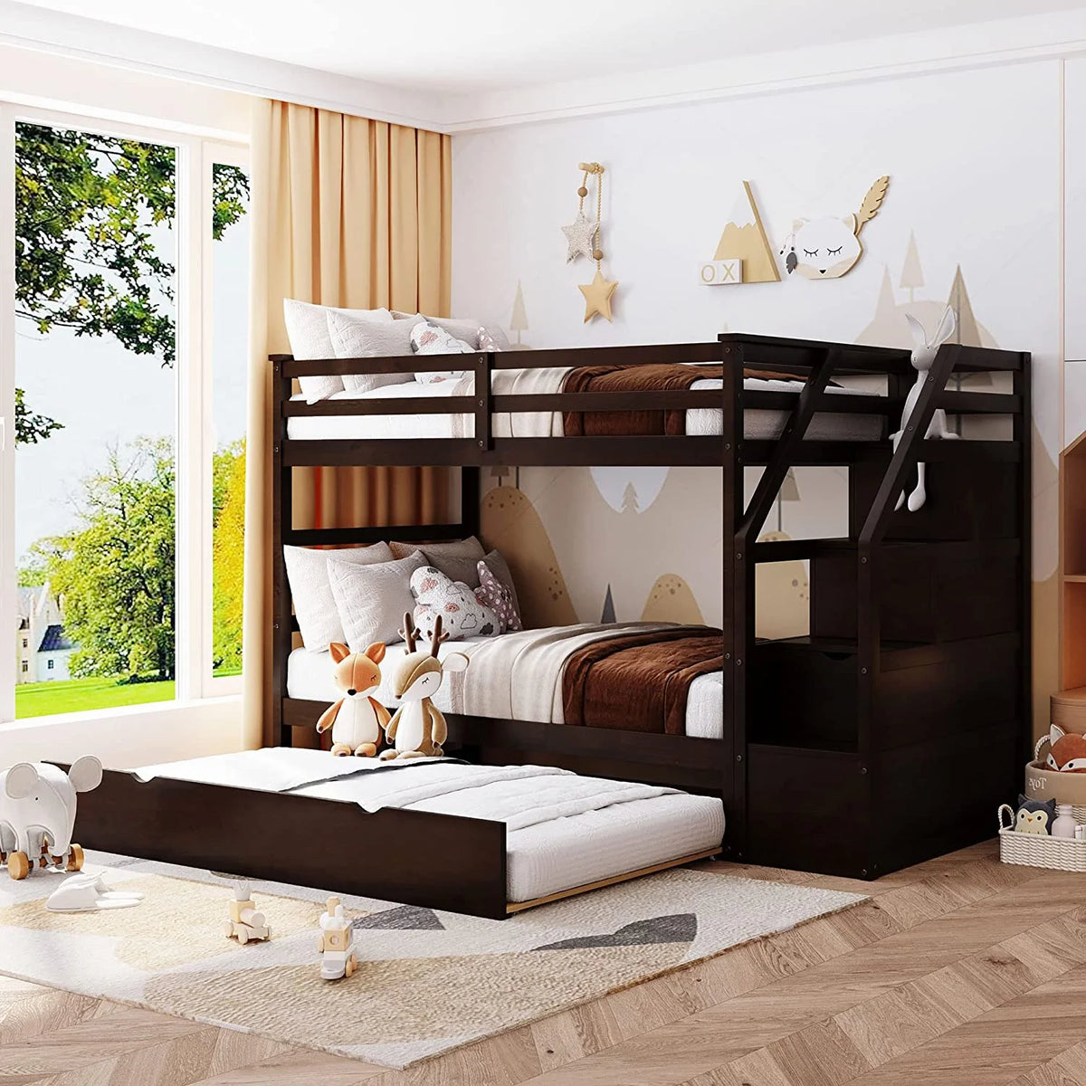 Espresso Wooden Over Bunk Bed with Trundle and 3 Storage Stairs Y7010