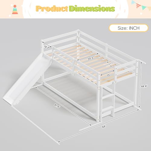 White Twin Wood Bunk Bed with Slide and Ladder J231279
