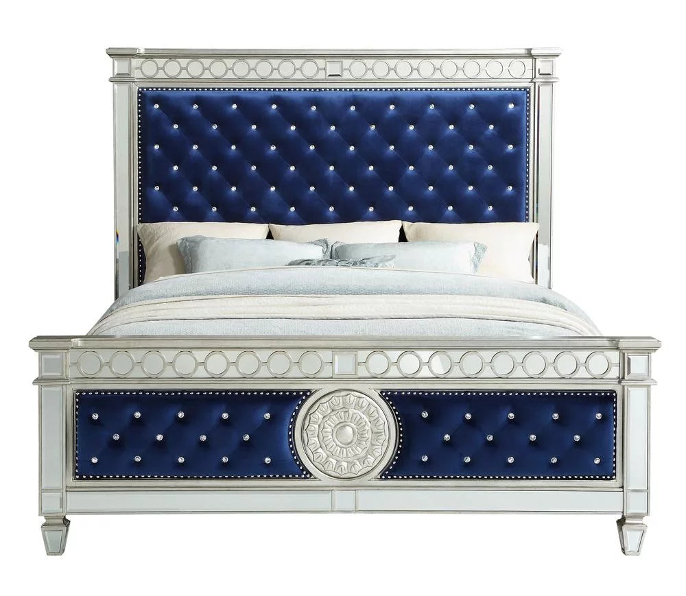 Blue Velvet Mirrored Eastern King Bed Bedroom Set Z33672