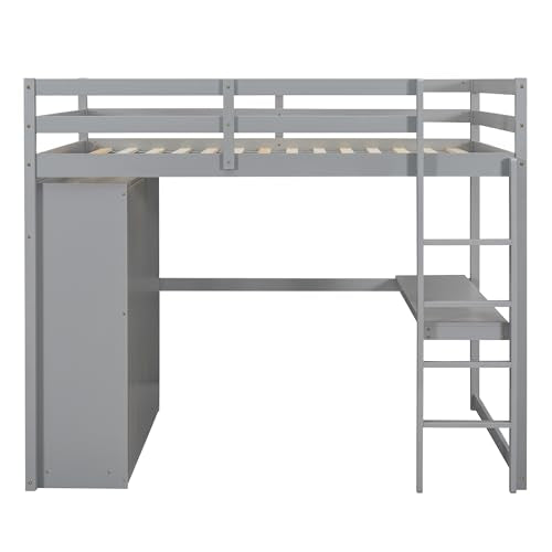 White Solid Wood Full Size Loft Bed with Desk and Drawers O9785
