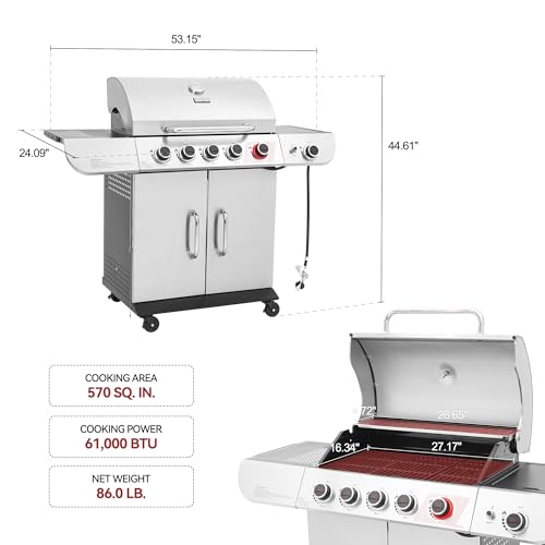 5 Burner Propane Gas Grill with Side Burner & Sear Burner, Stainless Steel E9860
