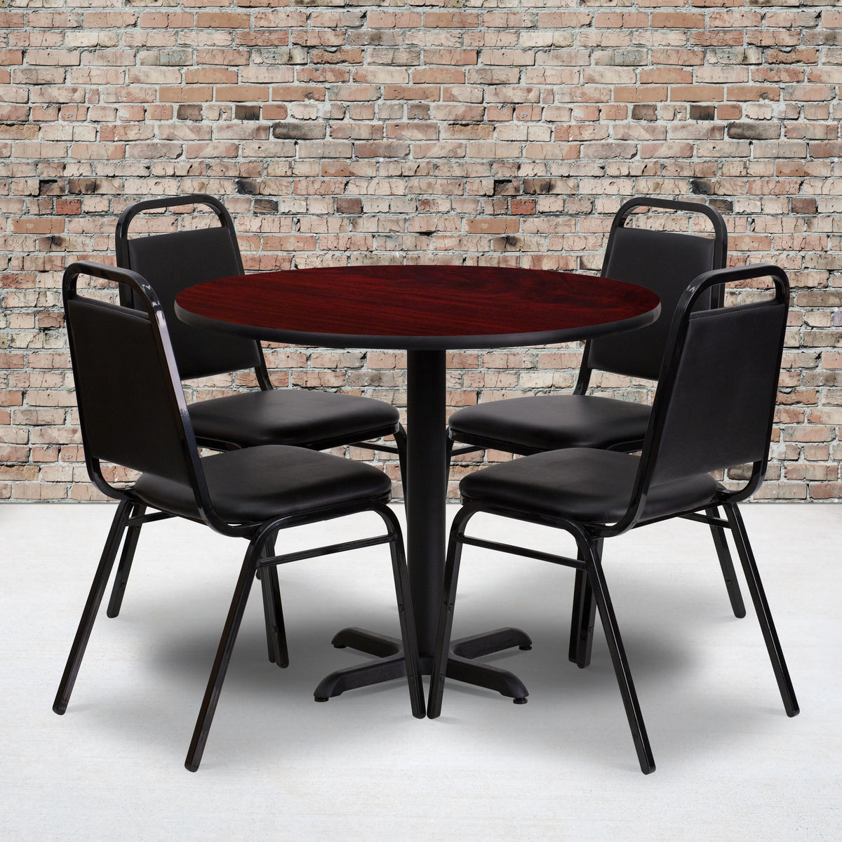 36'' Round Mahogany Laminate Table Set with 4 Black Banquet Chairs B750