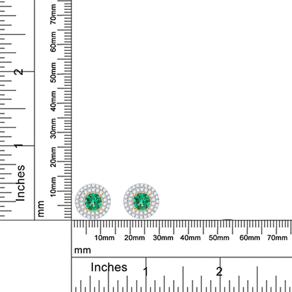 3 Carat Round Green Emerald and Natural Diamond Double Halo Stud Earrings in 18K Yellow Gold Plated A7975
