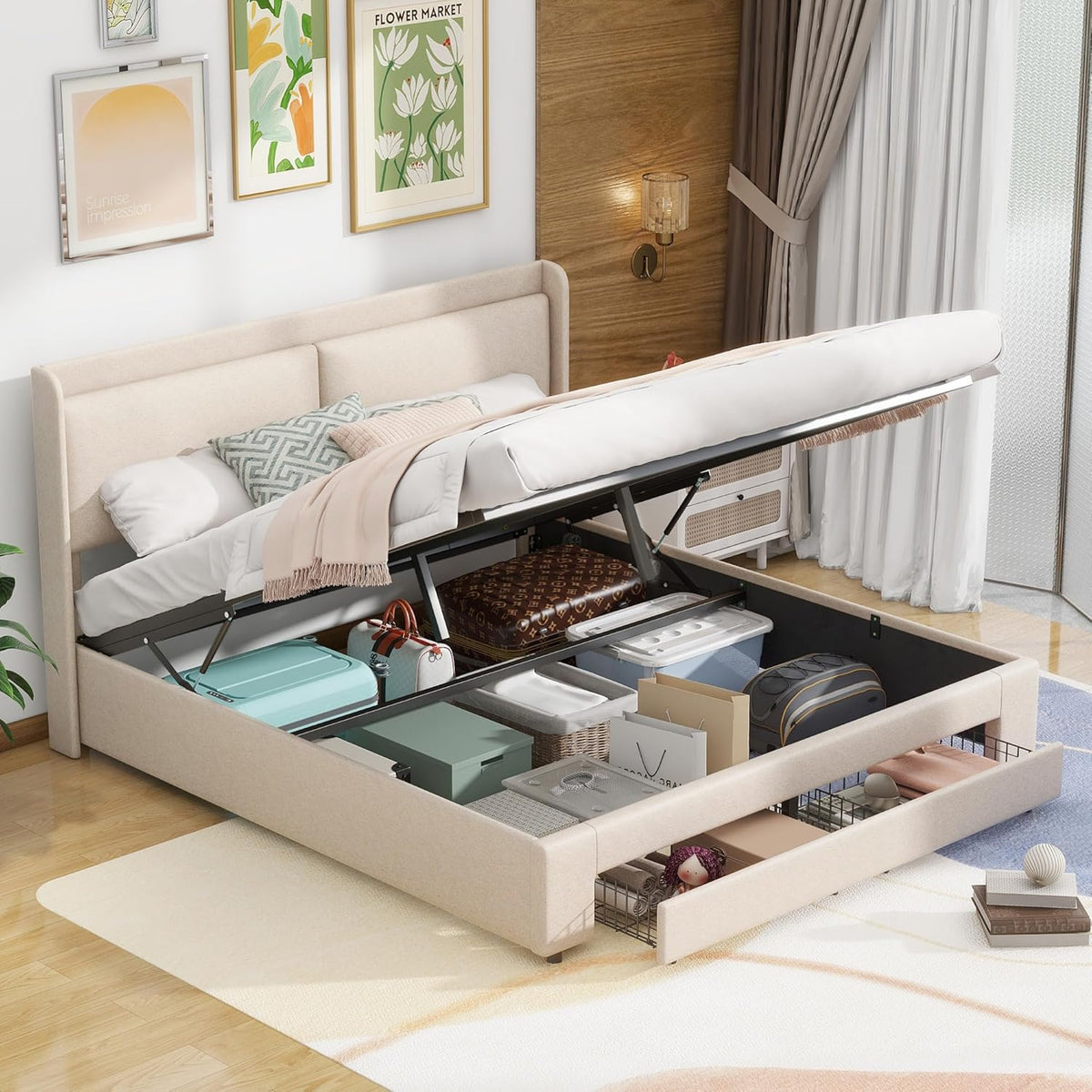 Beige Queen Size Platform Bed Frame with Lift Up Storage and 2 Drawers G356411