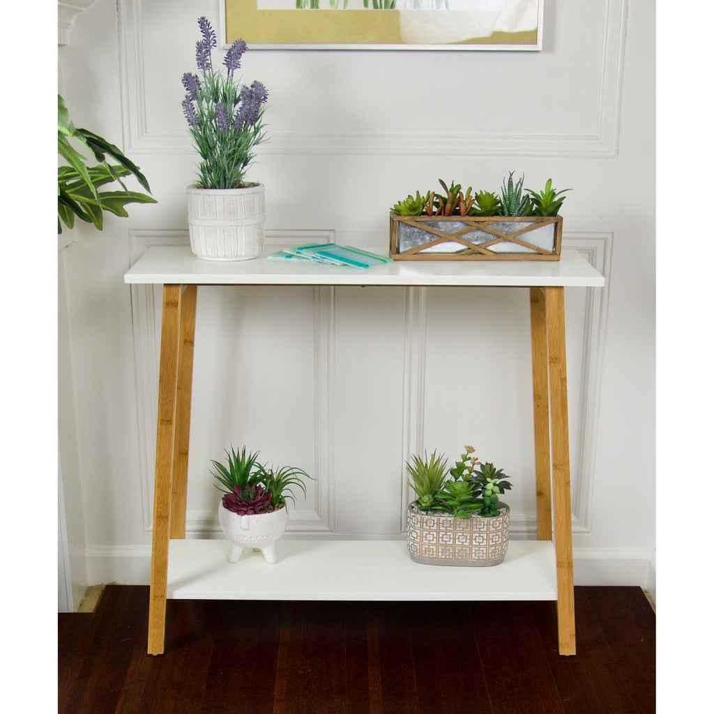 White 2-Tier Solid Bamboo Console Table U2402