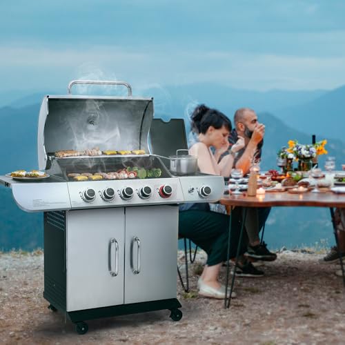 5 Burner Propane Gas Grill with Side Burner & Sear Burner, Stainless Steel E9860