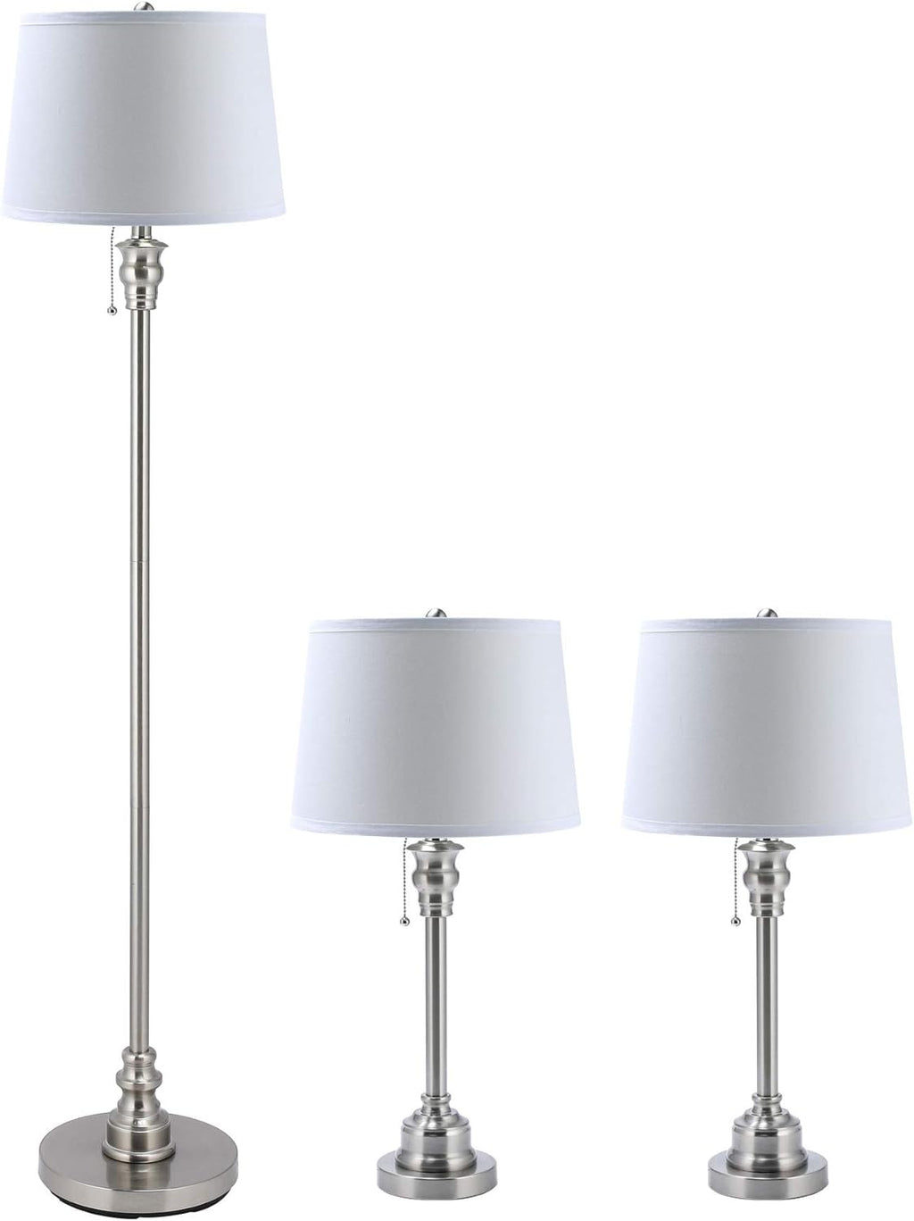 3 Lamp Set with White Fabric Shade Table and Floor Lamp Steel Finish P815