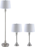 3 Lamp Set with White Fabric Shade Table and Floor Lamp Steel Finish P815