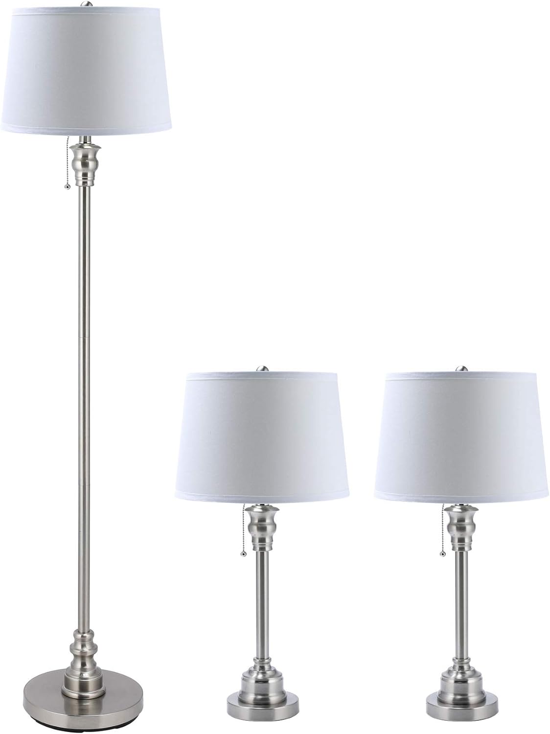 3 Lamp Set with White Fabric Shade Table and Floor Lamp Steel Finish P815