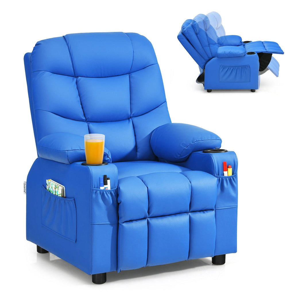 Blue PU Leather Kids Recliner Chair with Cup Holders Q84454