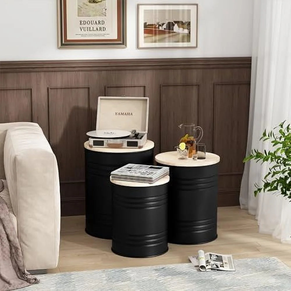 Set of 3 Galvanized Metal Ottoman with Wood Lid K141976