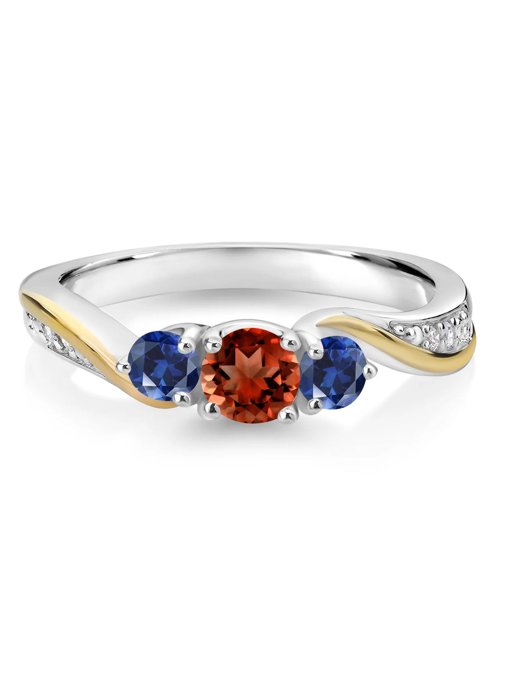 925 Silver 10K Yellow Gold Red Garnet Blue Created Sapphire White Lab Grown Diamond 3 Stone Engagement Ring X605877