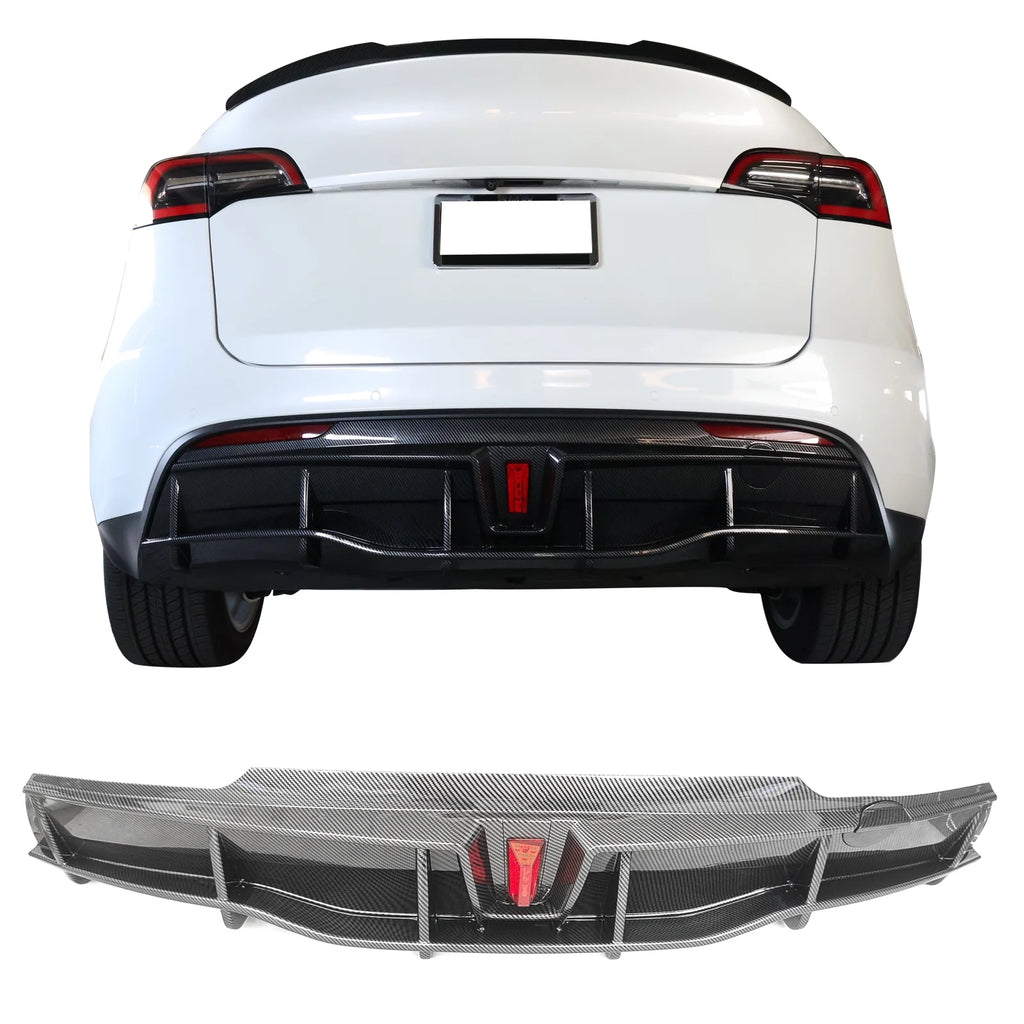 Rear Diffuser Lip for Tesla Model Y Sport 4-Door Carbon Fiber Print PP Rear Lower Bumper Protector Lip With LED Lamp M607