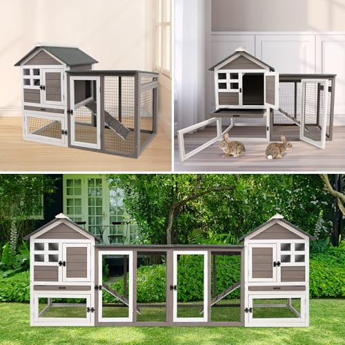 Grey 2-Story Fir Wood Rabbit Hutch with Pull Out Tray G777