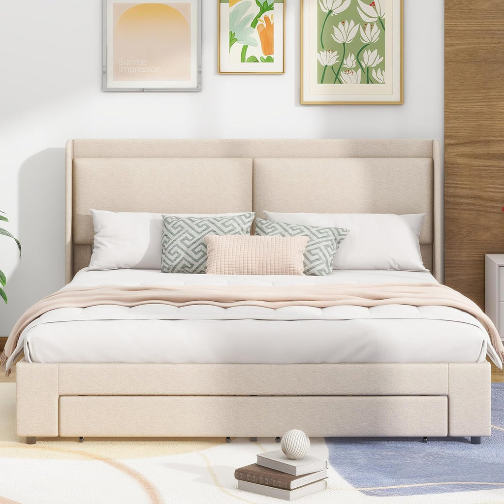 Beige Queen Size Platform Bed Frame with Lift Up Storage and 2 Drawers G356411