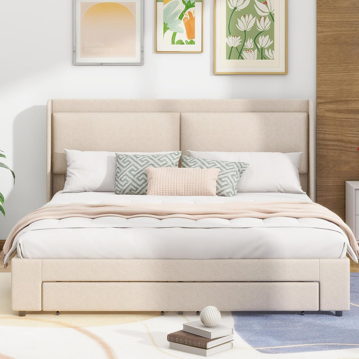 Beige Queen Size Platform Bed Frame with Lift Up Storage and 2 Drawers G356411