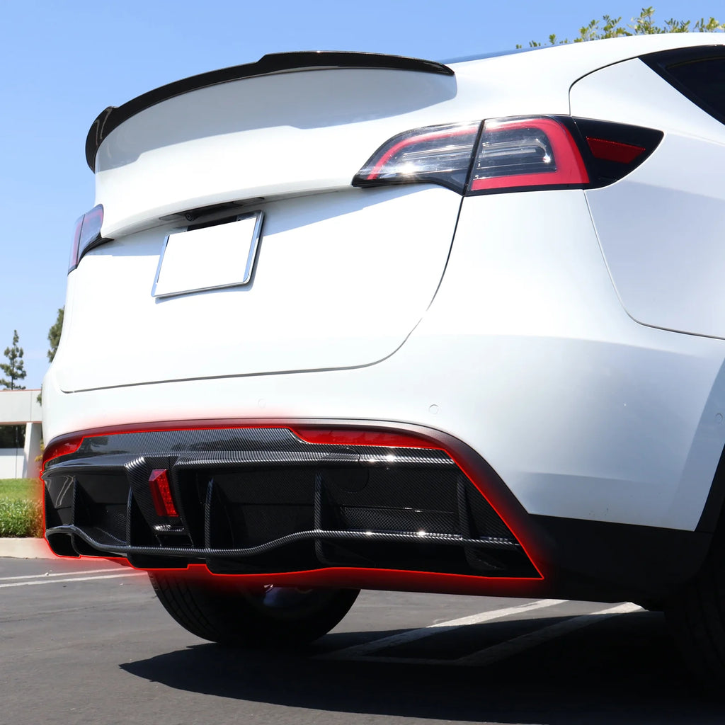 Rear Diffuser Lip for Tesla Model Y Sport 4-Door Carbon Fiber Print PP Rear Lower Bumper Protector Lip With LED Lamp M607