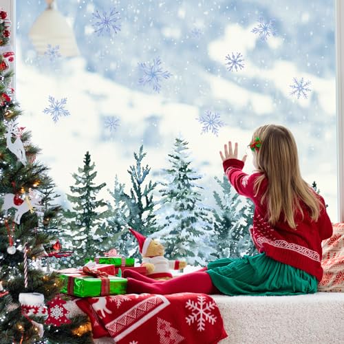 9 Sheet Christmas Window Clings Snowy Forest Trees Double-Sided Reusable Winter Window Decals G639