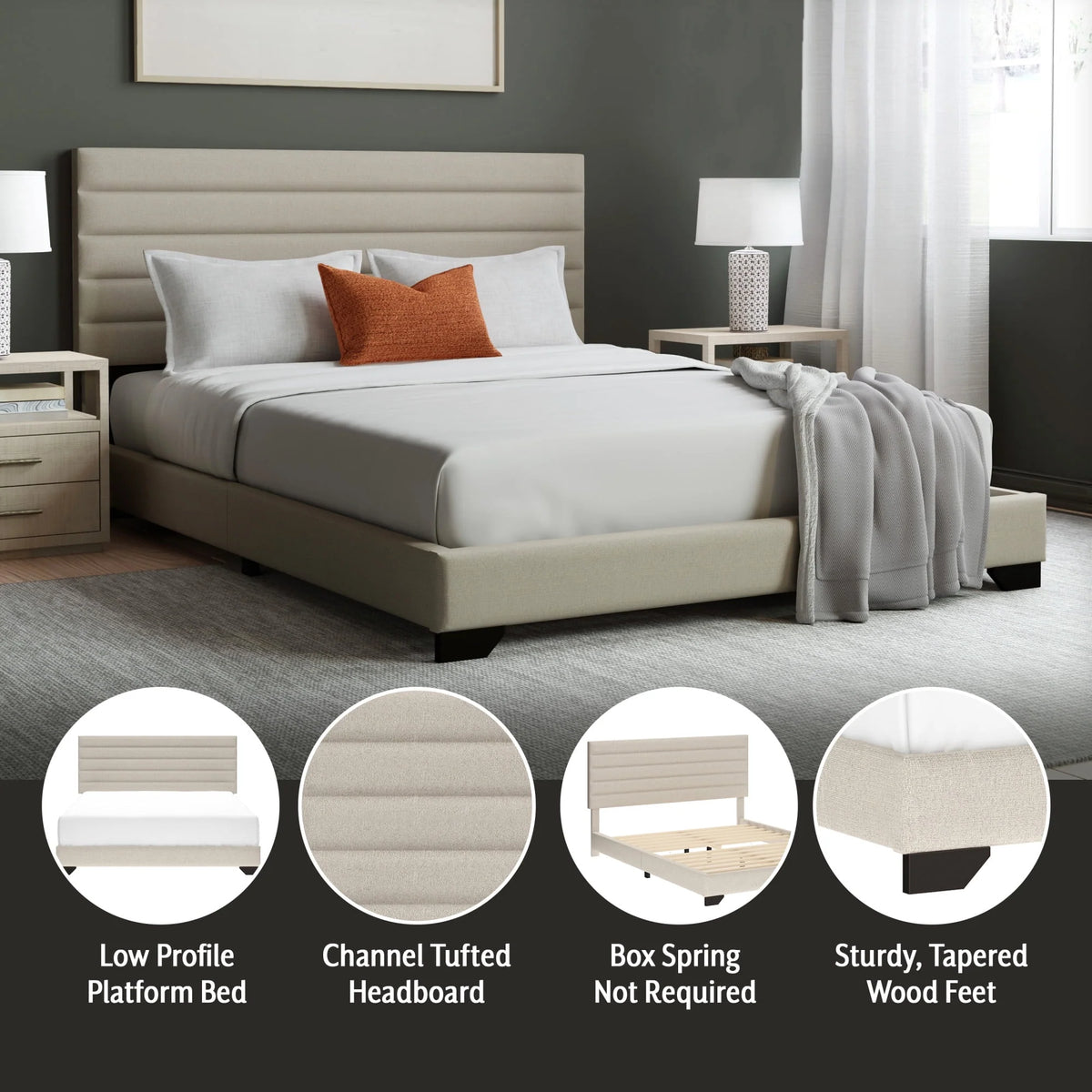 Charcoal Upholstered Queen Platform Bed T6453