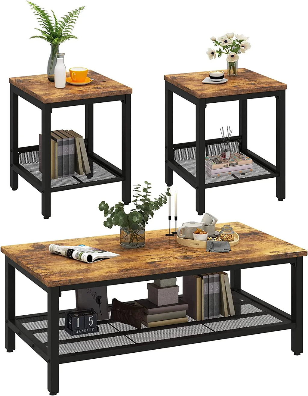 3 Pieces Industrial Coffee Table Set with Metal Frame C650