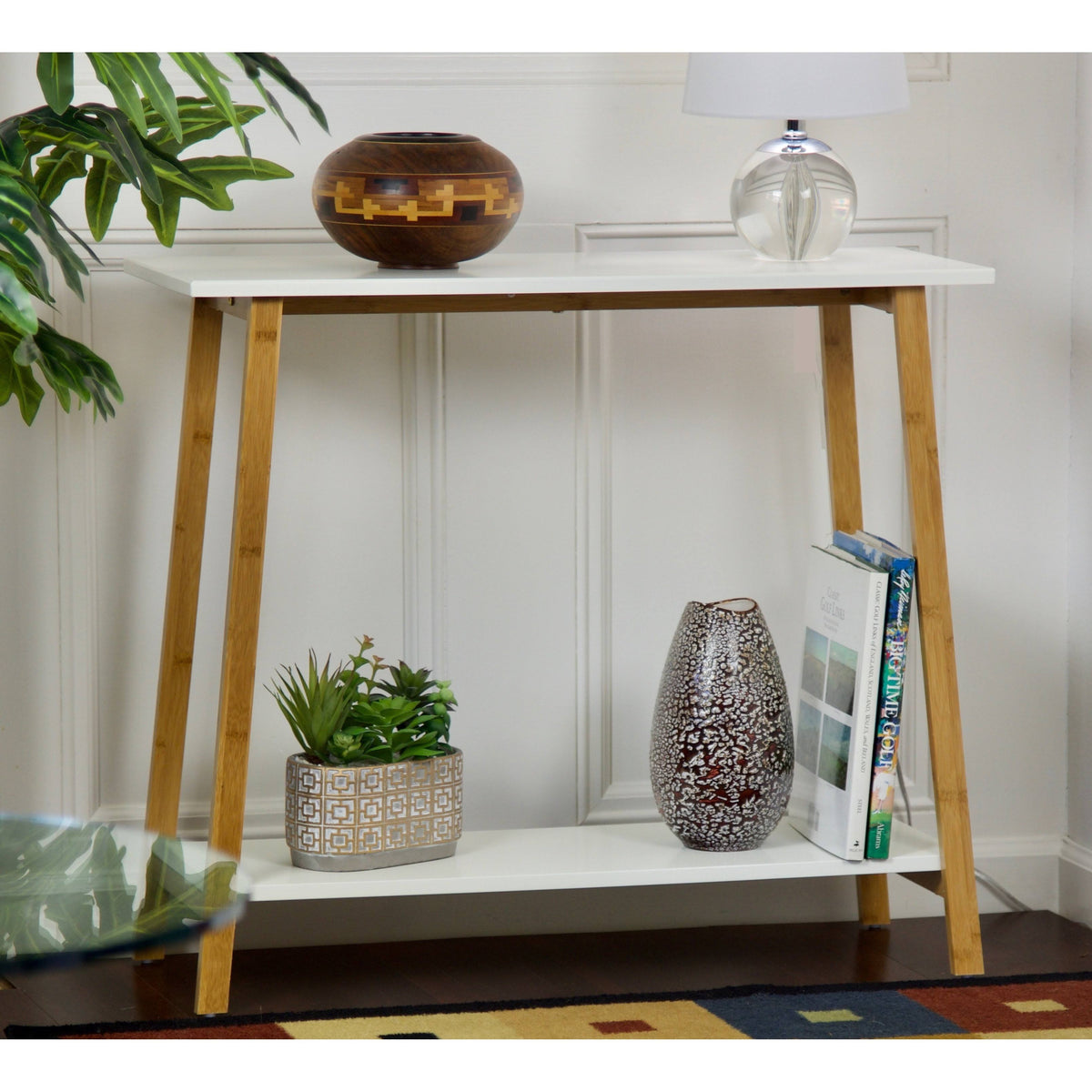 White 2-Tier Solid Bamboo Console Table U2402